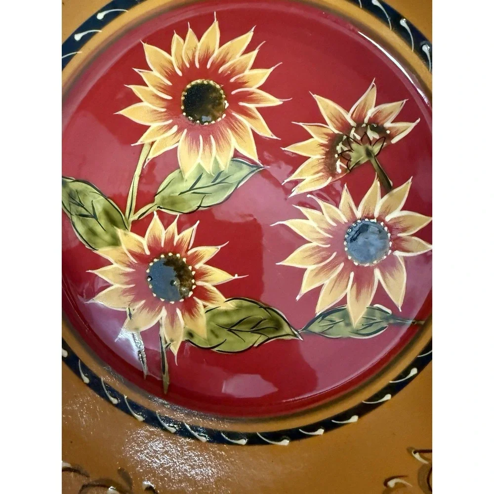 Pier 1 Imports Terracotta Sunflower Hand painted Serving Bowl 11.5